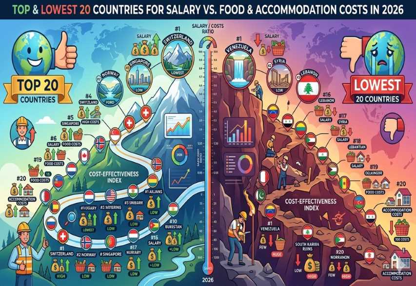 Top and Lowest 20 Countries for Salary vs. Food & Accommodation Costs in 2026